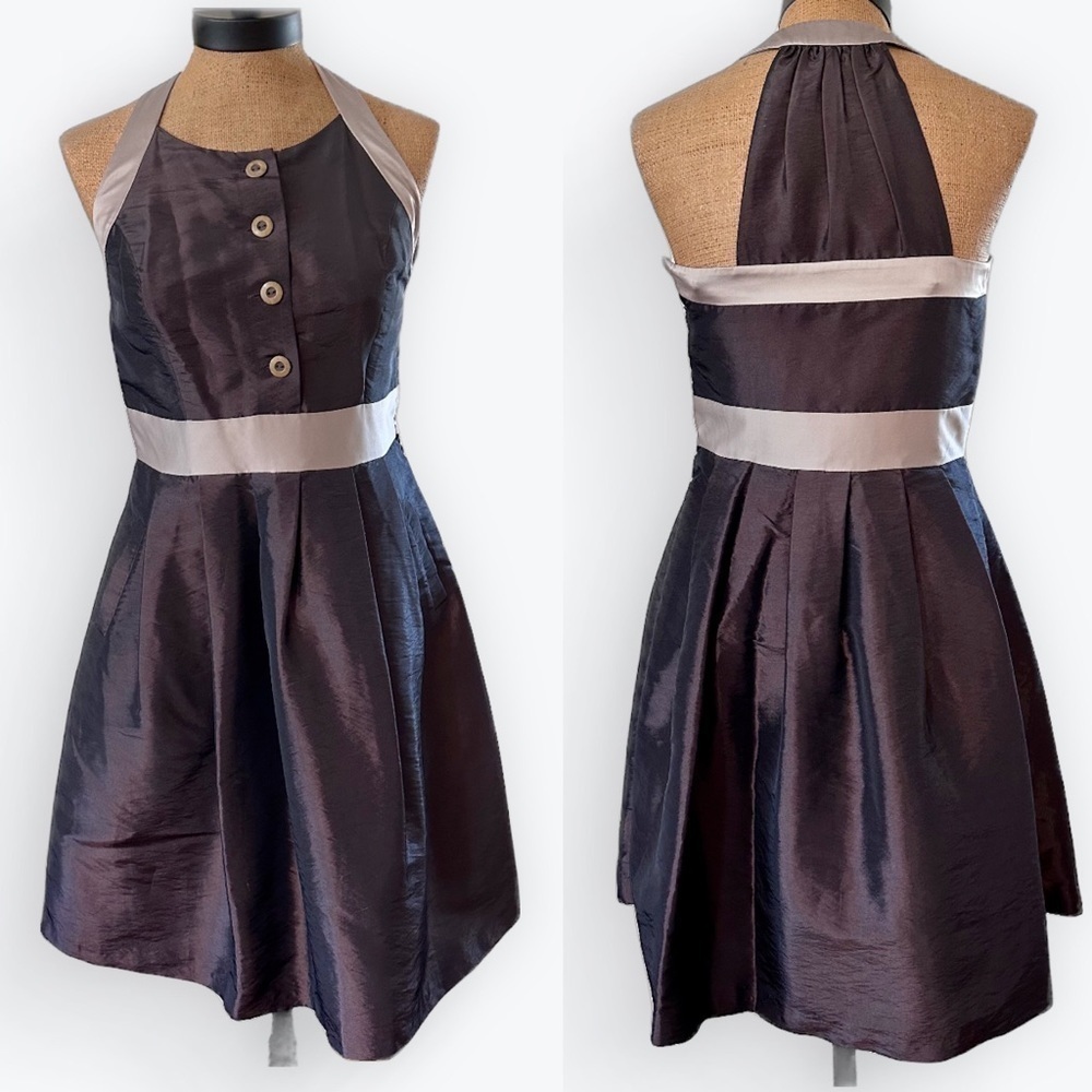 BCBG Paris Chocolate Satin Party/Cocktail Dress with front pockets side zip Sz 8